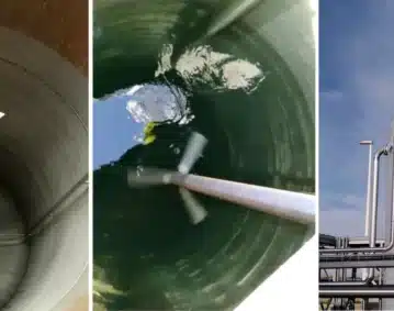 Interior de floculador mostrando eje vertical con doble etapa de hélices de perfil axial (Hydrofoil) para evitar la rotura del flóculo.